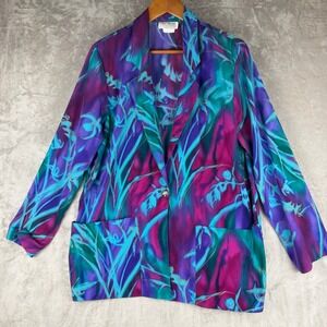 80's Vintage Abstract Floral Blazer Purple‎ Teal Gold Metallic Made in USA